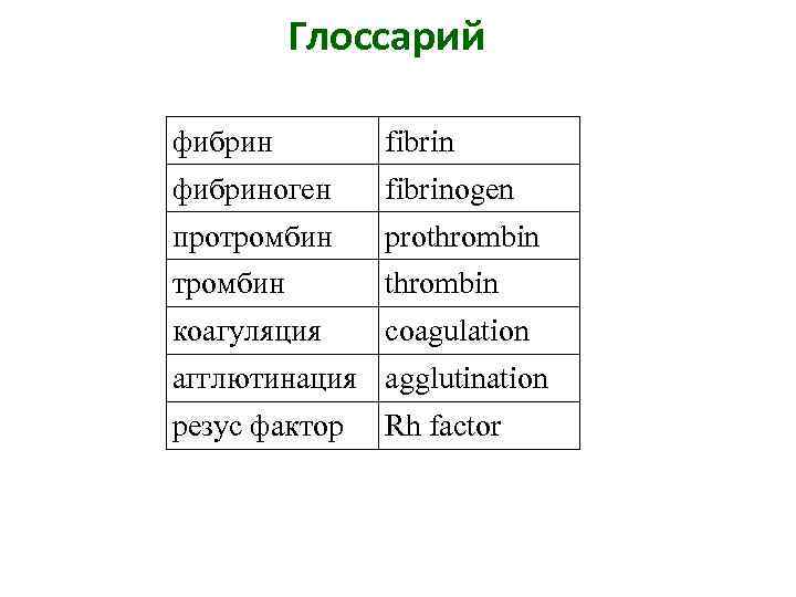 Глоссарий фибрин fibrin фибриноген fibrinogen протромбин prothrombin тромбин thrombin коагуляция coagulation агглютинация agglutination резус