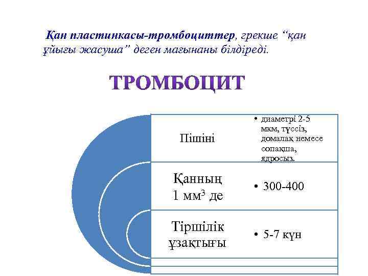 Қан пластинкасы-тромбоциттер, грекше “қан ұйығы жасуша” деген мағынаны білдіреді. Пішіні • диаметрі 2 -5