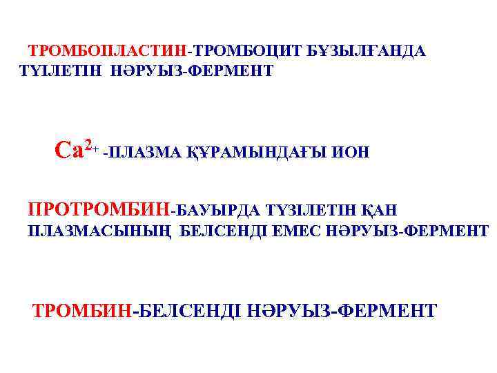 ТРОМБОПЛАСТИН-ТРОМБОЦИТ БҰЗЫЛҒАНДА ТҮІЛЕТІН НӘРУЫЗ-ФЕРМЕНТ Са 2+ -ПЛАЗМА ҚҰРАМЫНДАҒЫ ИОН ПРОТРОМБИН-БАУЫРДА ТҮЗІЛЕТІН ҚАН ПЛАЗМАСЫНЫҢ БЕЛСЕНДІ