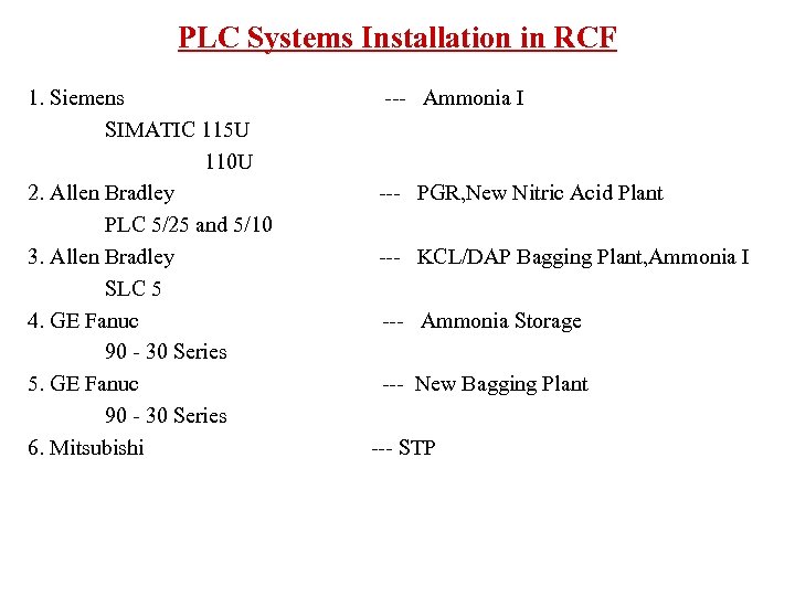 PLC Systems Installation in RCF 1. Siemens SIMATIC 115 U 110 U 2. Allen