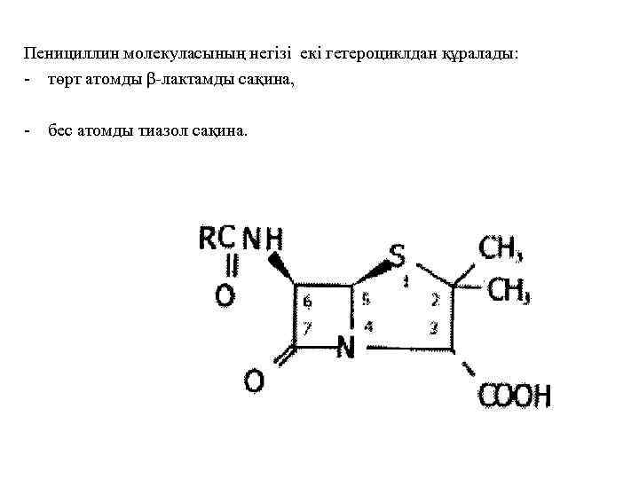 Пенициллин молекуласының негізі екі гетероциклдан құралады: - төрт атомды β-лактамды сақина, - бес атомды