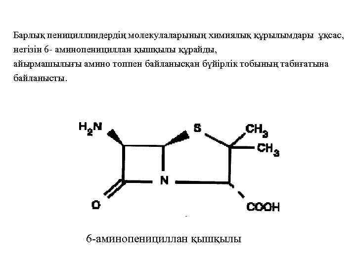 Барлық пенициллиндердің молекулаларының химиялық құрылымдары ұқсас, негізін 6 - аминопенициллан қышқылы құрайды, айырмашылығы амино