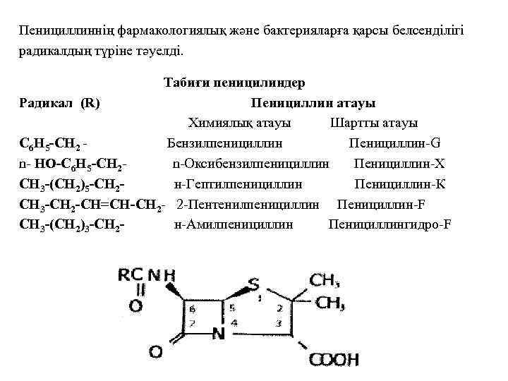 Пенициллиннің фармакологиялық және бактерияларға қарсы белсенділігі радикалдың түріне тәуелді. Табиғи пеницилиндер Радикал (R) Пенициллин