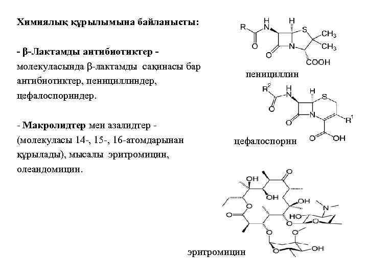 Химиялық құрылымына байланысты: - β-Лактамды антибиотиктер молекуласында β-лактамды сақинасы бар антибиотиктер, пенициллиндер, цефалоспориндер. -
