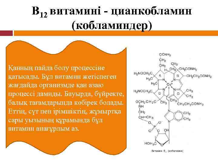 В 12 витамині - цианкобламин (кобламиндер) Қанның пайда болу процессіне қатысады. Бұл витамин жетіспеген