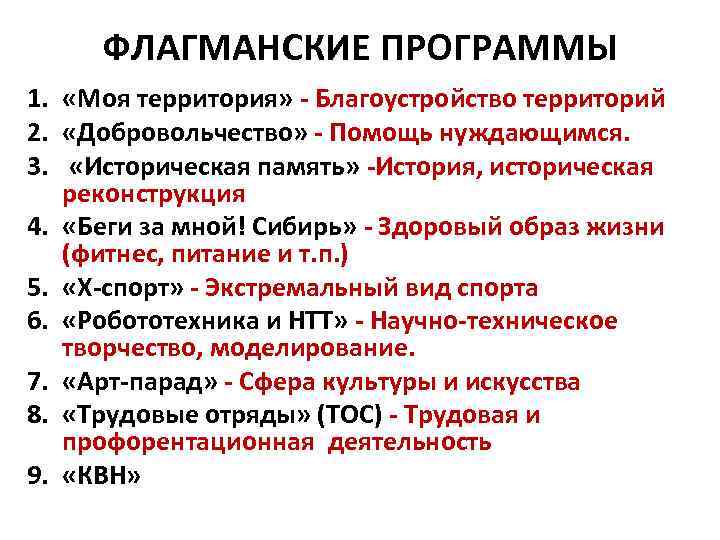 ФЛАГМАНСКИЕ ПРОГРАММЫ 1. «Моя территория» - Благоустройство территорий 2. «Добровольчество» - Помощь нуждающимся. 3.