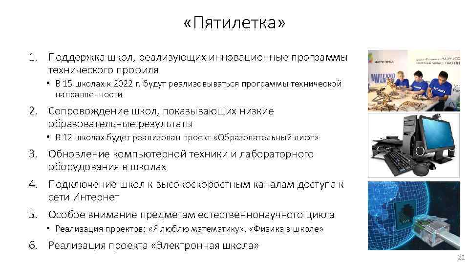  «Пятилетка» 1. Поддержка школ, реализующих инновационные программы технического профиля • В 15 школах