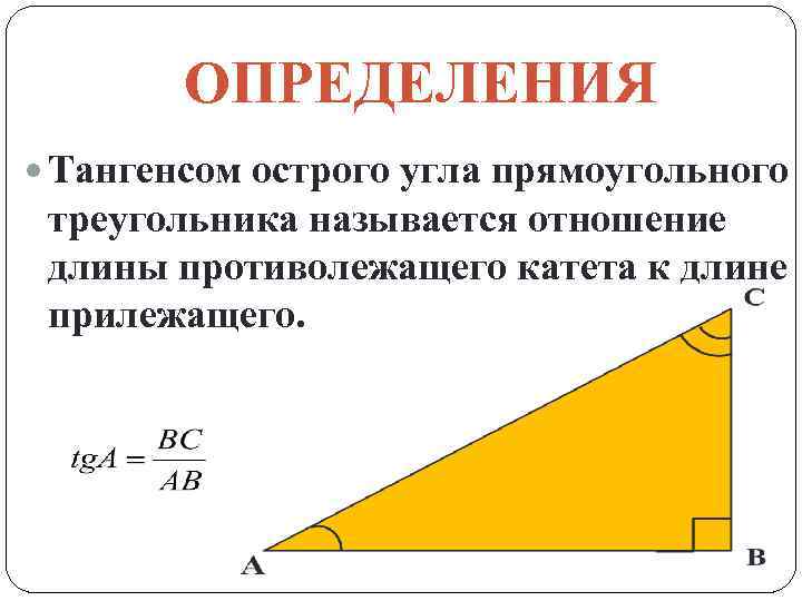 ОПРЕДЕЛЕНИЯ Тангенсом острого угла прямоугольного треугольника называется отношение длины противолежащего катета к длине прилежащего.