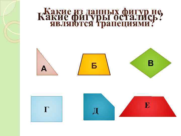 Какие из данных фигур не Какие фигуры остались? являются трапециями? А Г Б Д