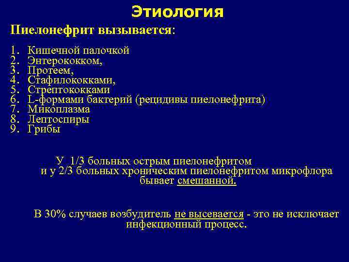 Этиология Пиелонефрит вызывается: 1. 2. 3. 4. 5. 6. 7. 8. 9. Кишечной палочкой