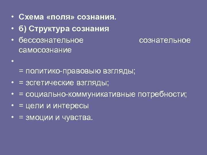  • Схема «поля» сознания. • б) Структура сознания • бессознательное самосознание • =