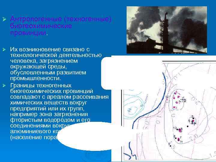 Ø Антропогенные (техногенные) биогеохимические провинции. Их возникновение связано с технологической деятельностью человека, загрязнением Пример