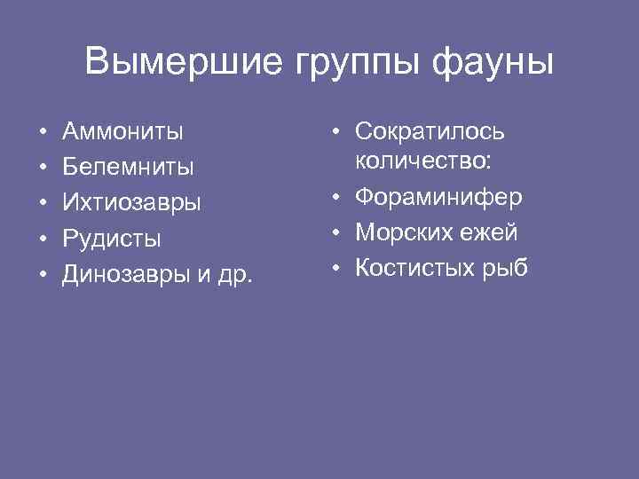 Вымершие группы фауны • • • Аммониты Белемниты Ихтиозавры Рудисты Динозавры и др. •