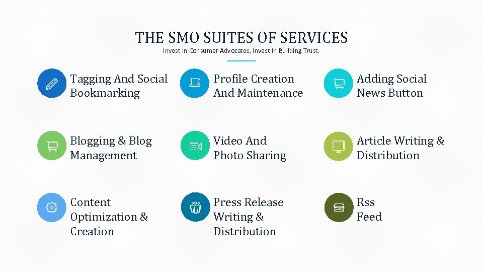 THE SMO SUITES OF SERVICES Invest In Consumer Advocates, Invest In Building Trust. Tagging