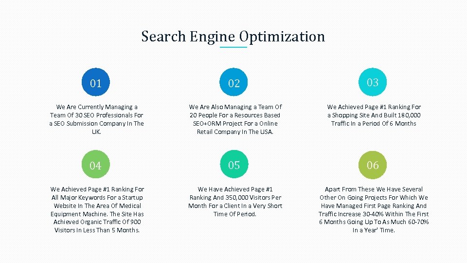 Search Engine Optimization 01 02 03 We Are Currently Managing a Team Of 30