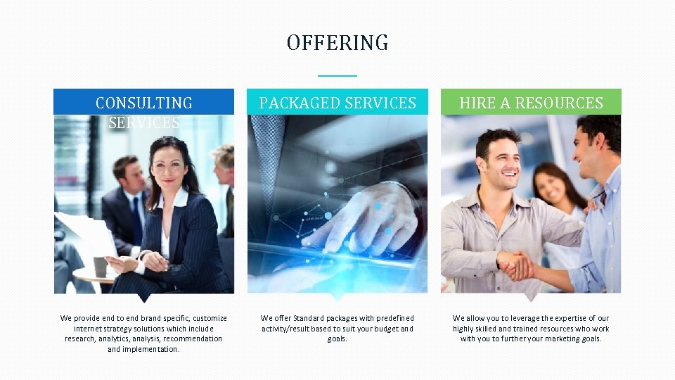 OFFERING CONSULTING SERVICES PACKAGED SERVICES HIRE A RESOURCES We provide end to end brand