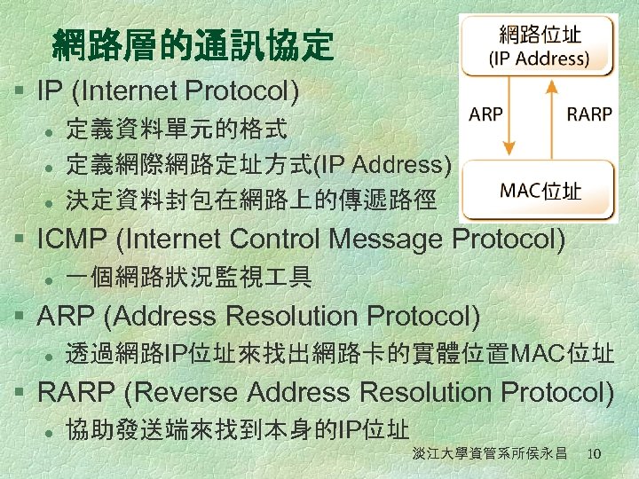 網路層的通訊協定 § IP (Internet Protocol) l l l 定義資料單元的格式 定義網際網路定址方式(IP Address) 決定資料封包在網路上的傳遞路徑 § ICMP
