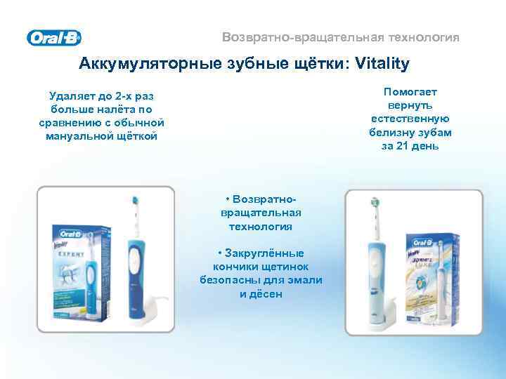 Возвратно-вращательная технология Аккумуляторные зубные щётки: Vitality Помогает вернуть естественную белизну зубам за 21 день