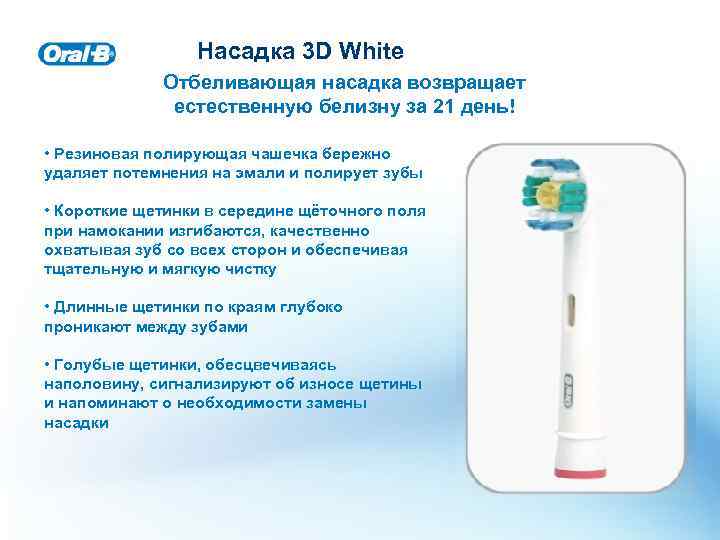 Насадка 3 D White Отбеливающая насадка возвращает естественную белизну за 21 день! • Резиновая