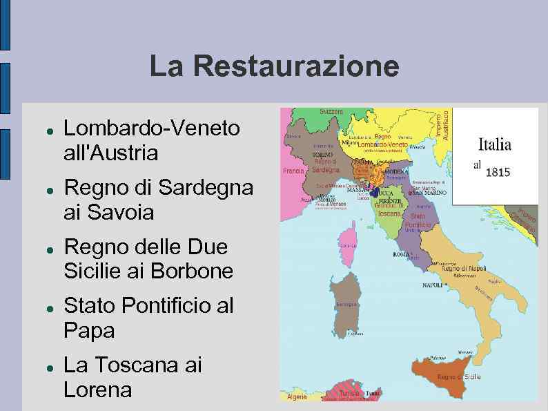 La Restaurazione Lombardo-Veneto all'Austria Regno di Sardegna ai Savoia Regno delle Due Sicilie ai