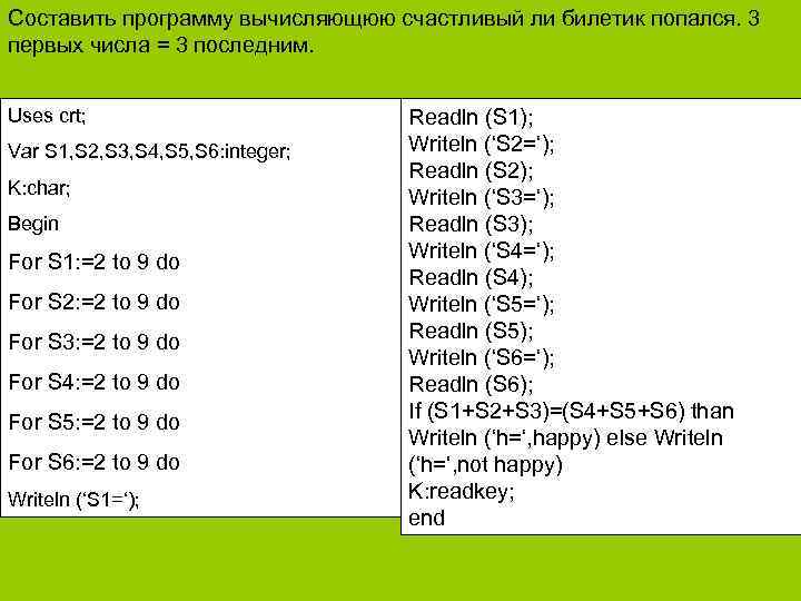 Cоставить программу вычисляющюю счастливый ли билетик попался. 3 первых числа = 3 последним. Uses