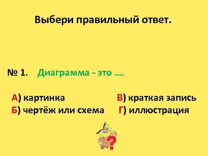 Выбери правильный ответ. № 1. Диаграмма - это …. А) картинка Б) чертёж или