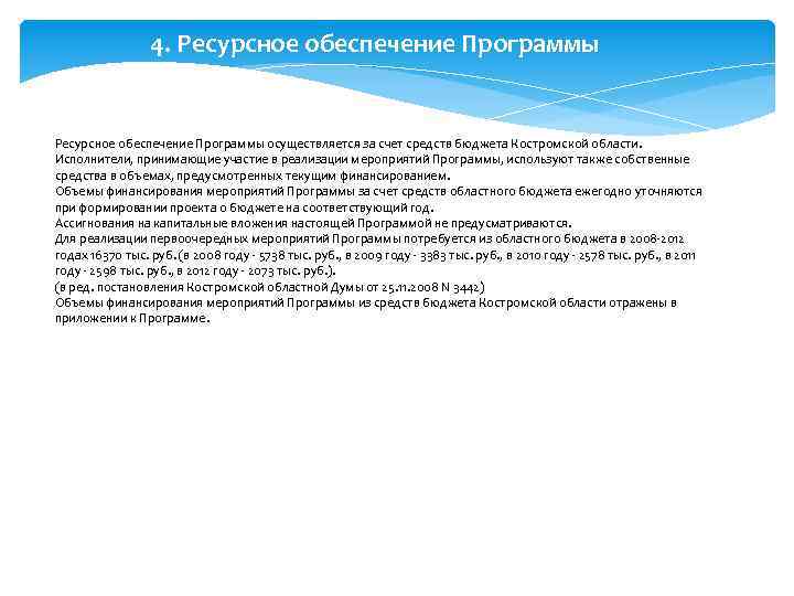 4. Ресурсное обеспечение Программы осуществляется за счет средств бюджета Костромской области. Исполнители, принимающие участие