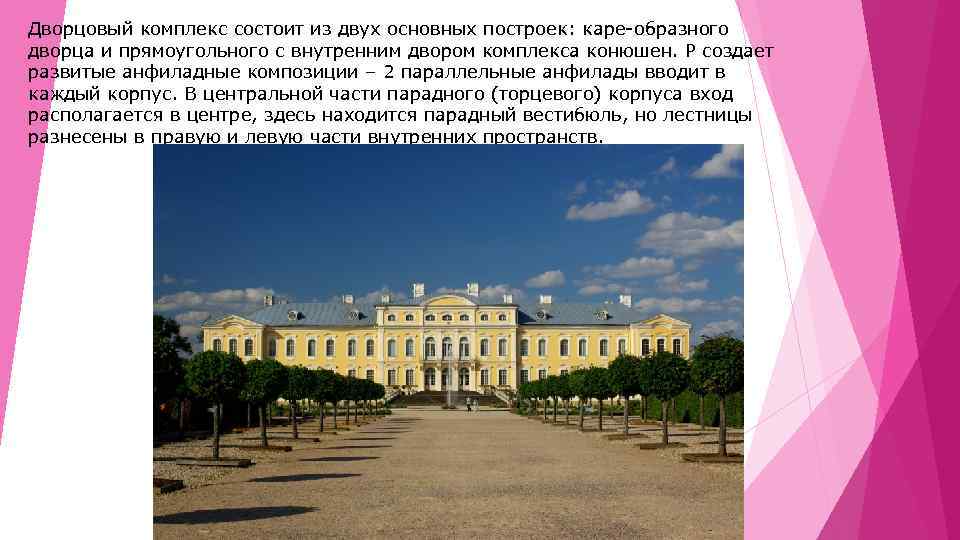 Дворцовый комплекс состоит из двух основных построек: каре-образного дворца и прямоугольного с внутренним двором