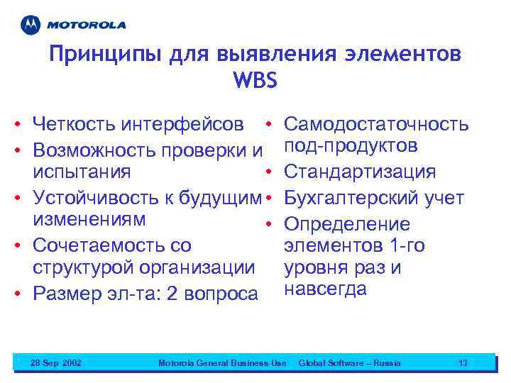 Принципы для выявления элементов WBS • Четкость интерфейсов • • Возможность проверки и испытания