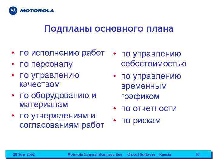 Подпланы основного плана • по исполнению работ • по персоналу • по управлению качеством