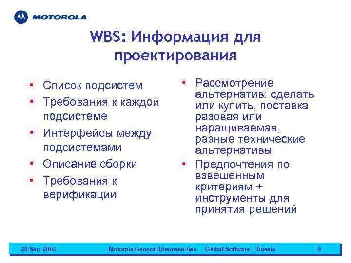 WBS: Информация для проектирования • Список подсистем • Требования к каждой подсистеме • Интерфейсы