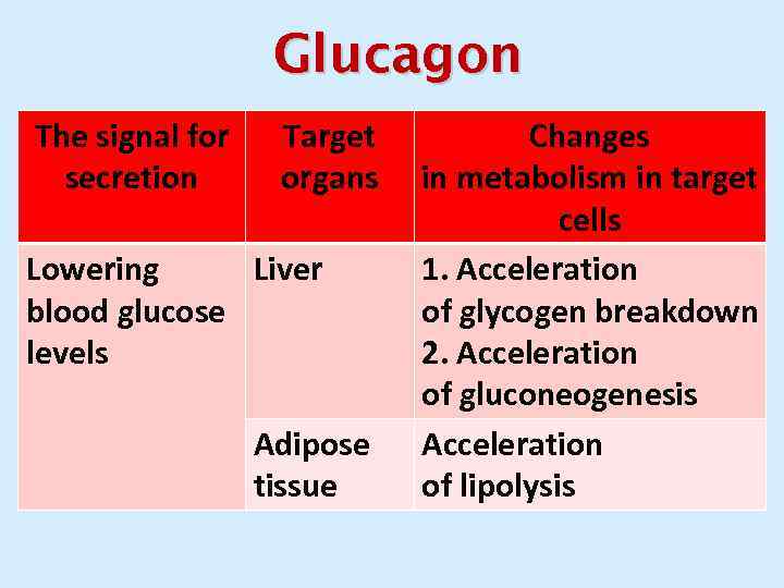 Glucagon The signal for Target Changes Сигнал для секреции Органы-мишени Изменения secretion organs in