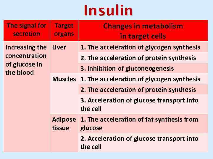 Insulin The signal for Target secretion organs Increasing the Liver concentration of glucose in