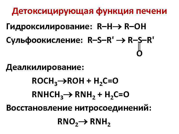 Детоксицирующая функция печени Гидроксилирование: R–Н R–ОН Сульфоокисление: R–S–R' О Деалкилирование: RОСН 3 RОН +