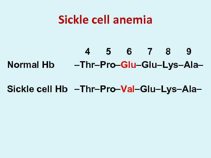 Sickle cell anemia Normal Hb 4 5 6 7 8 9 Thr Pro Glu