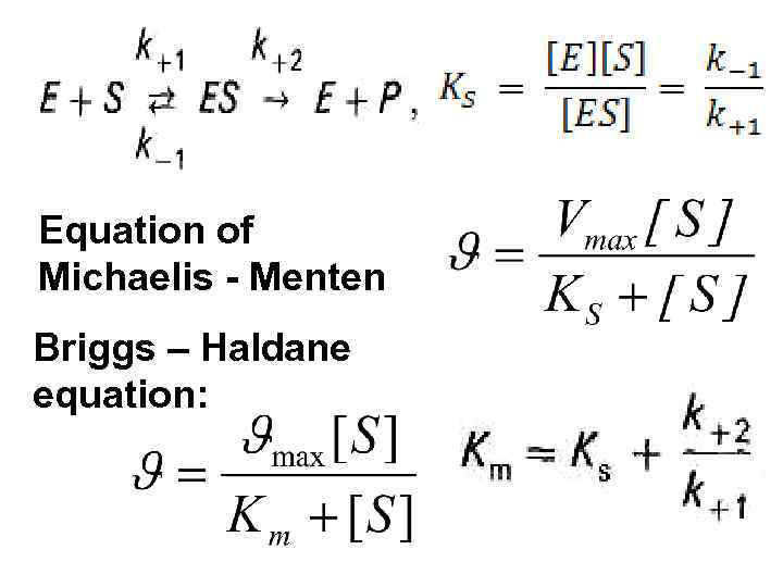 Equation of Michaelis - Menten Briggs – Haldane equation: 