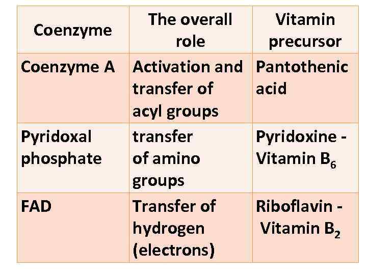 The overall Coenzyme role Coenzyme A Activation and transfer of acyl groups Pyridoxal transfer