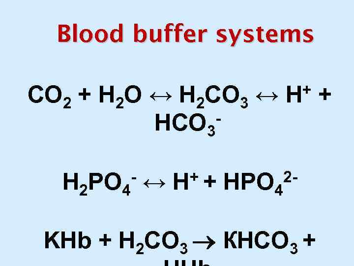 Blood buffer systems СО 2 + Н 2 О ↔ Н 2 СО 3