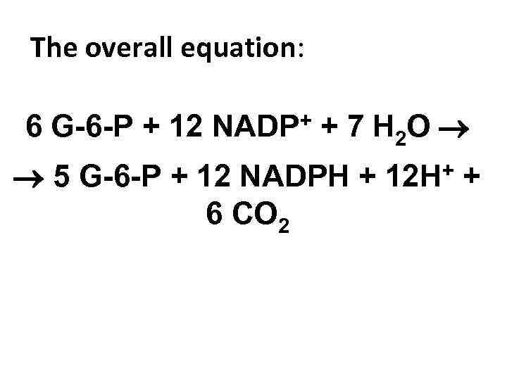 The overall equation: 6 G-6 -P + 12 NADP+ + 7 H 2 O