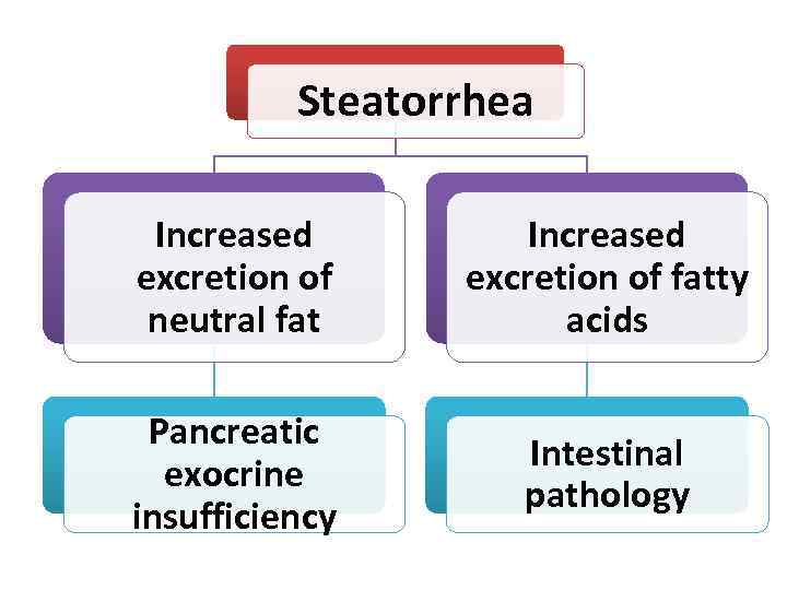 Steatorrhea Increased excretion of neutral fat Increased excretion of fatty acids Pancreatic exocrine insufficiency