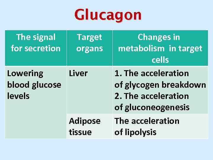 Glucagon The signal Target Changes in Сигнал для секреции Органы-мишени Изменения for secretion organs