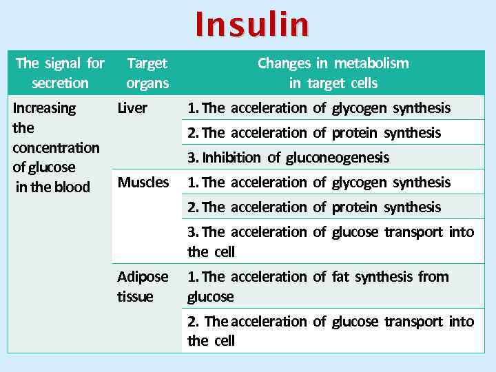 Insulin The signal for Target secretion organs Increasing Liver the concentration of glucose Muscles