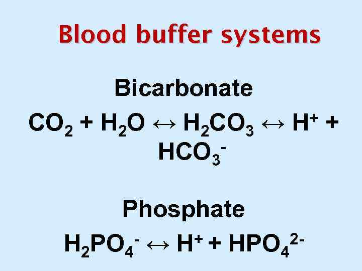 Blood buffer systems Bicarbonate + + СО 2 + Н 2 О ↔ Н