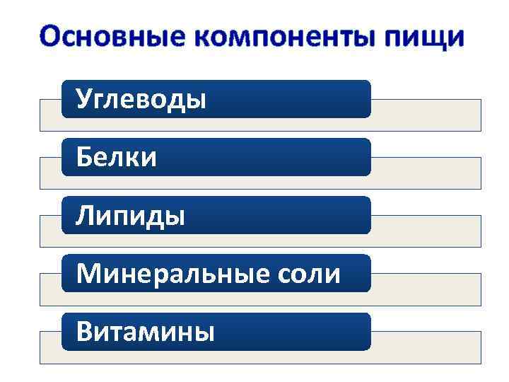 Основные компоненты пищи Углеводы Белки Липиды Минеральные соли Витамины 