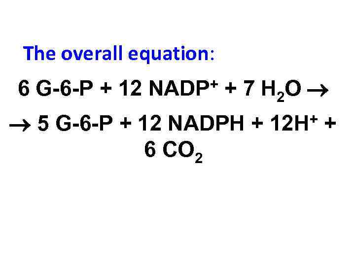 The overall equation: 6 G-6 -P + 12 NADP+ + 7 H 2 O