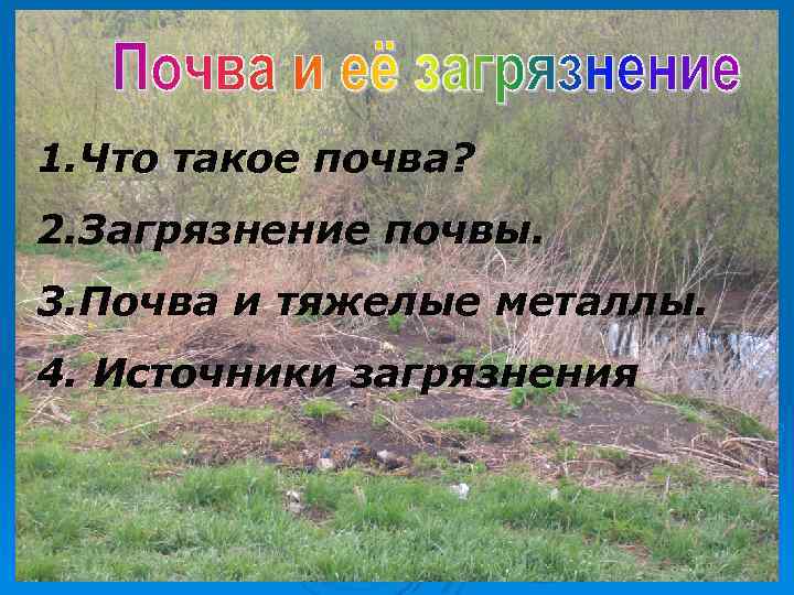 1. Что такое почва? 2. Загрязнение почвы. 3. Почва и тяжелые металлы. 4. Источники