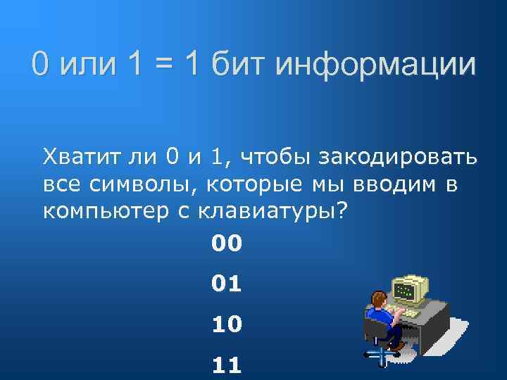 0 или 1 = 1 бит информации Хватит ли 0 и 1, чтобы закодировать