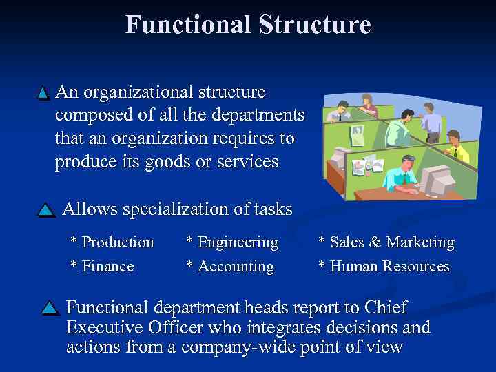 Functional Structure An organizational structure composed of all the departments that an organization requires