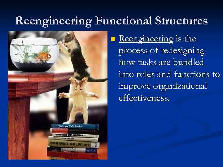 Reengineering Functional Structures n Reengineering is the process of redesigning how tasks are bundled