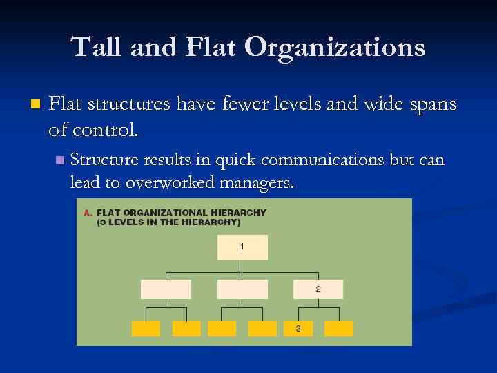 Tall and Flat Organizations n Flat structures have fewer levels and wide spans of